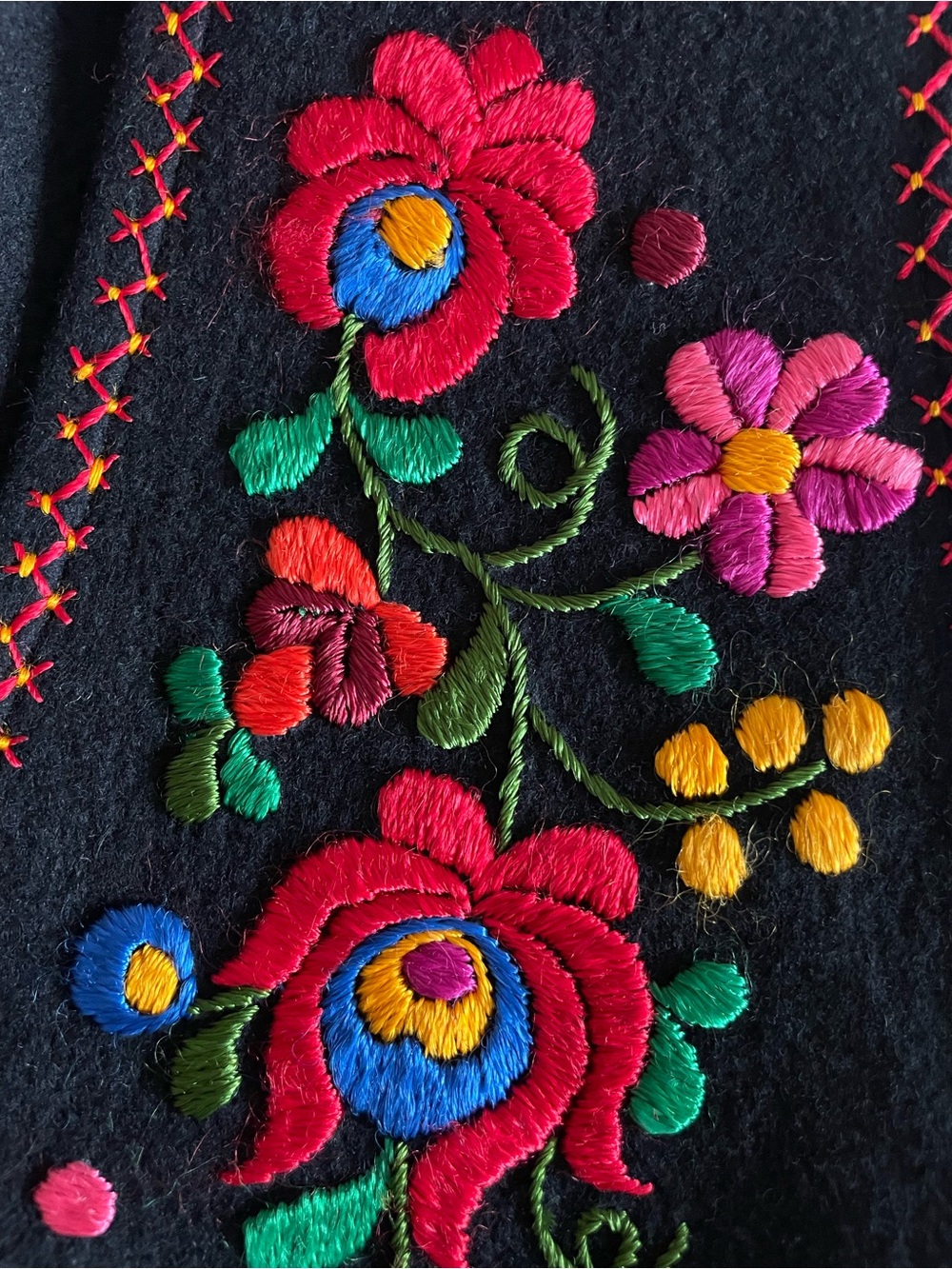 Vintage Eastern European Floral Embroidered Black Felt Wool Sleeveless Vest - Picture 9 of 10